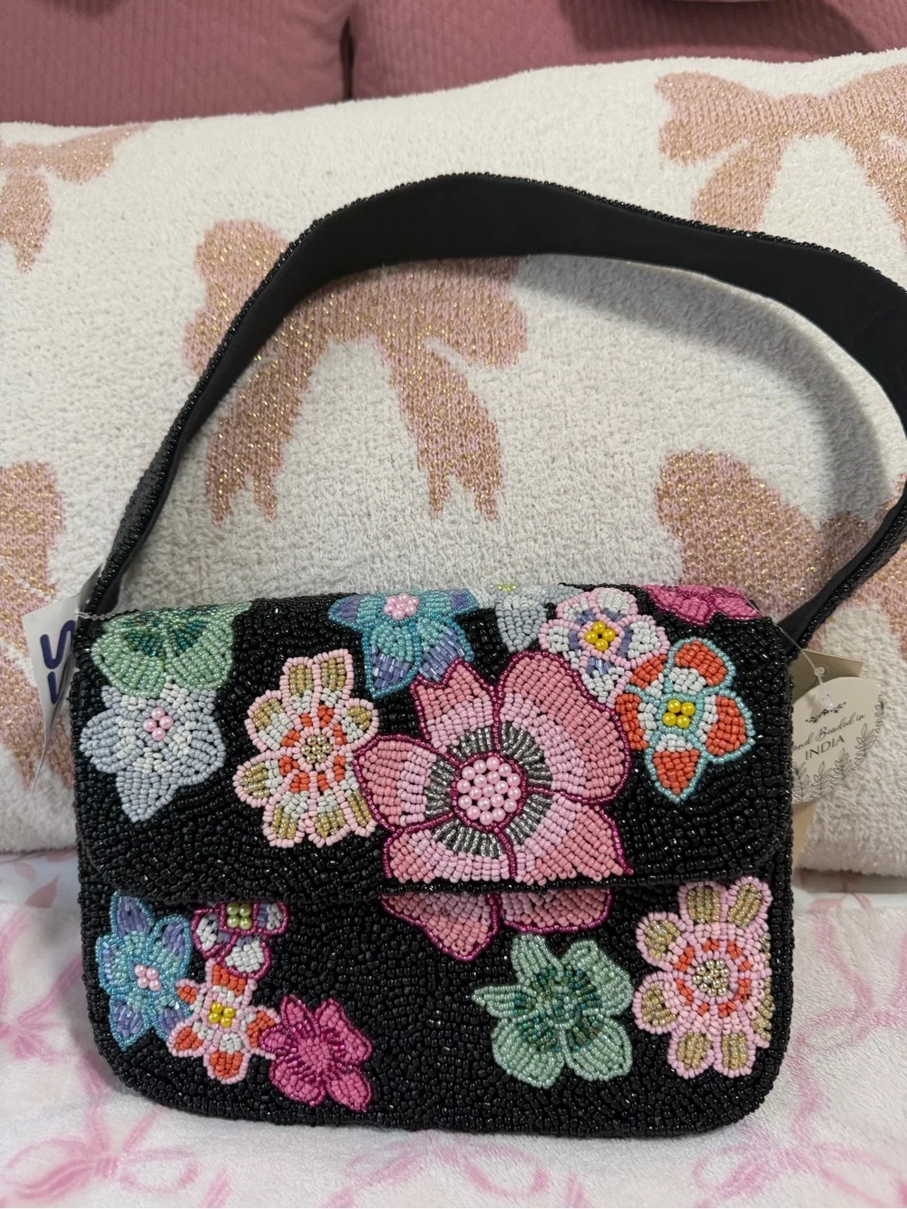 Beaded Floral Shoulder Bag - Black with Pink & Multicolor Flowers - Picture 2 of 6